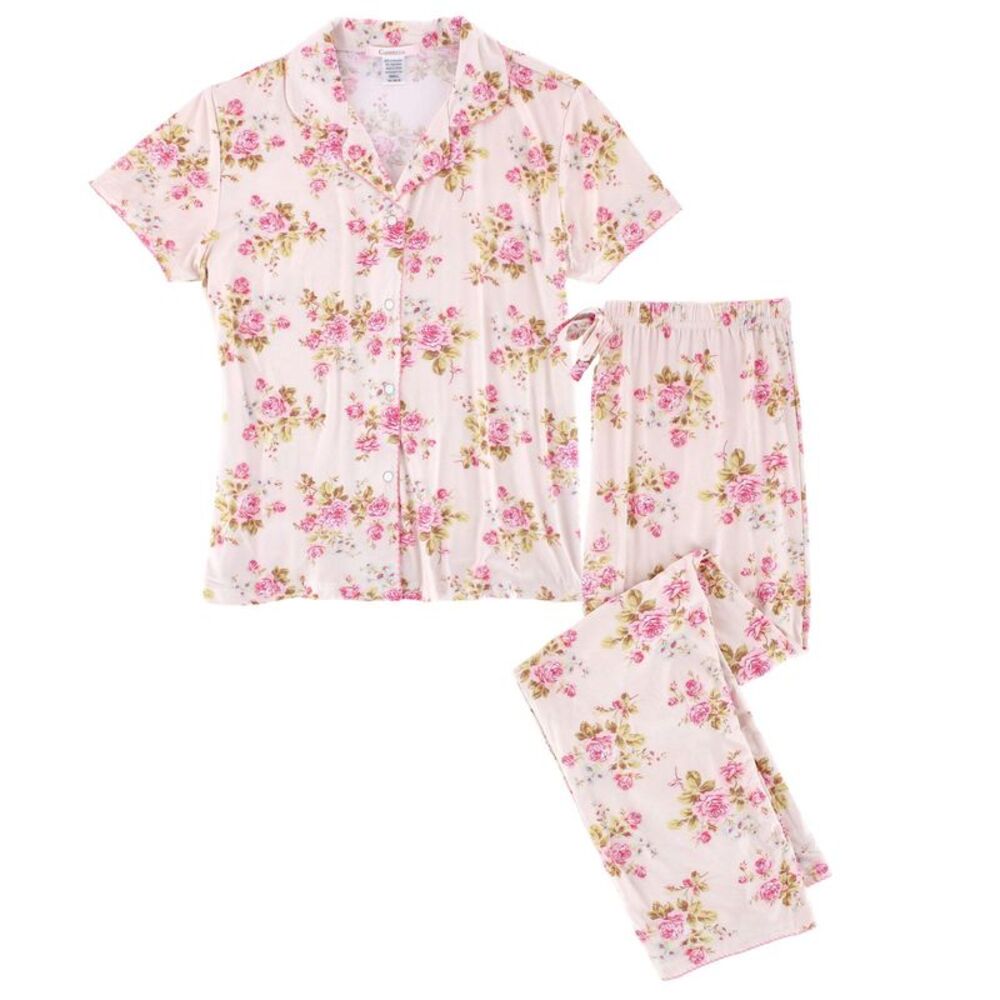 CTM Women's Floral Notched Collar Picot Pajama Set
